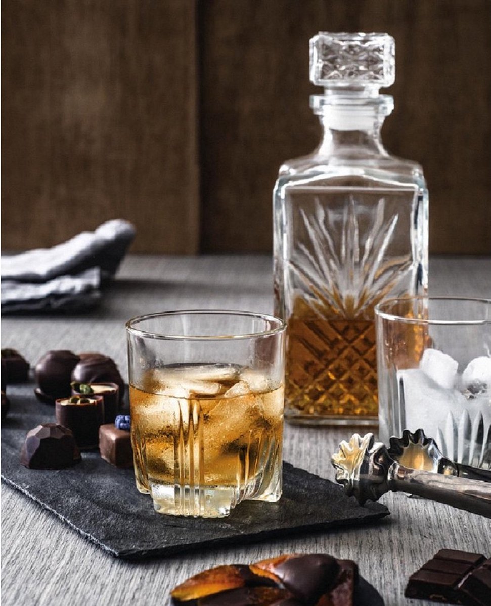 Glazen whisky/water karaf van 1 liter - Set van 2x stuks - Kristalglas look whiskey fles - Karaffen voor sterke drank — cadeau in Koken & Dineren - foto 4