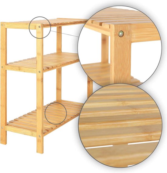 DuneDesign Wall Rack 60x15x54cm - Bamboo Wood Hanging Rack - 3 Compartments Kitchen Rack Storage Rack for Bathroom