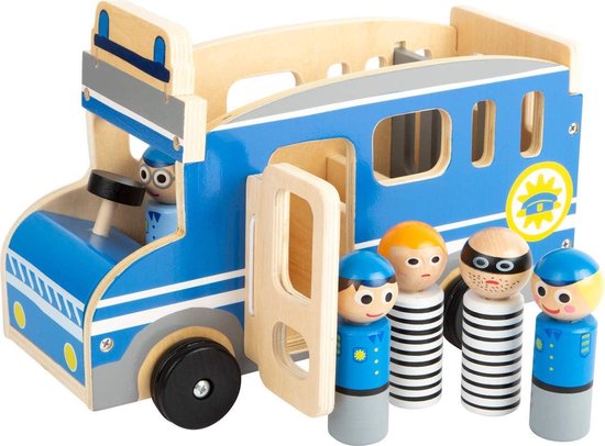 Grote houten politiebus met speelfiguren en ruimte voor passagiers