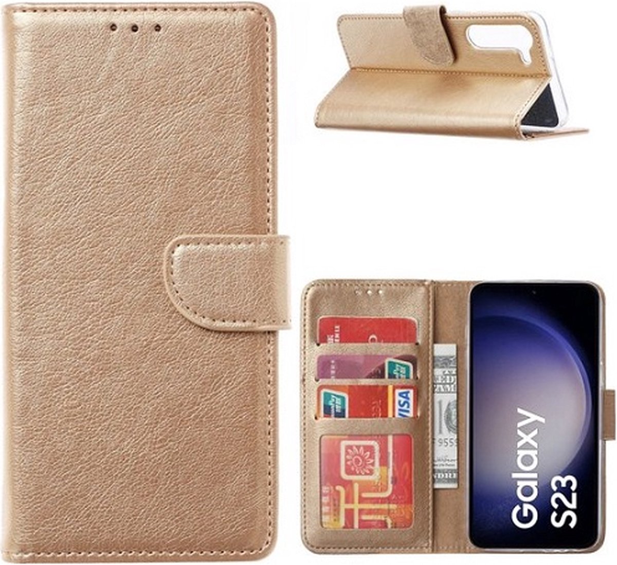 Samsung S23 Plus Hoesje Met Pasjeshouder Bookcase Goud