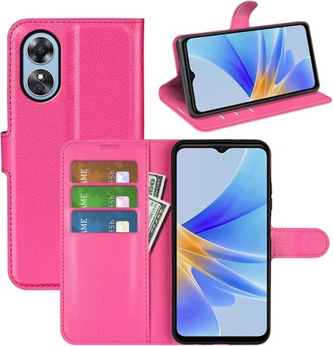 OPPO A78 Hoesje Met Pasjeshouder Bookcase Roze