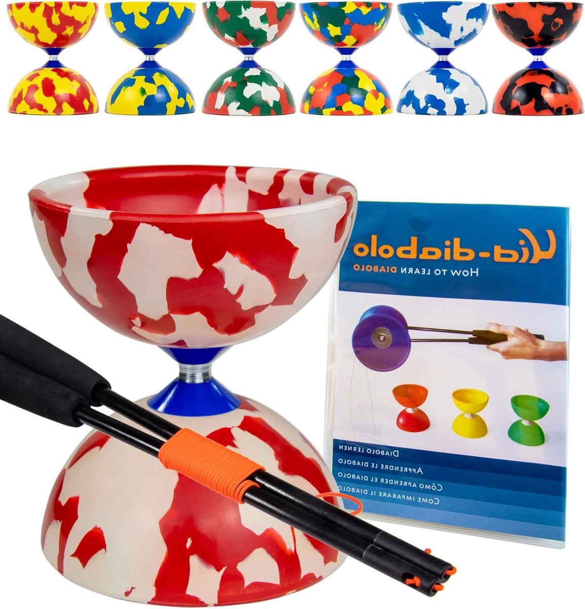 Diabolo jongleerset met vaste as en superglazen handstaven online leervideo jongleerspeelgoed rood en wit