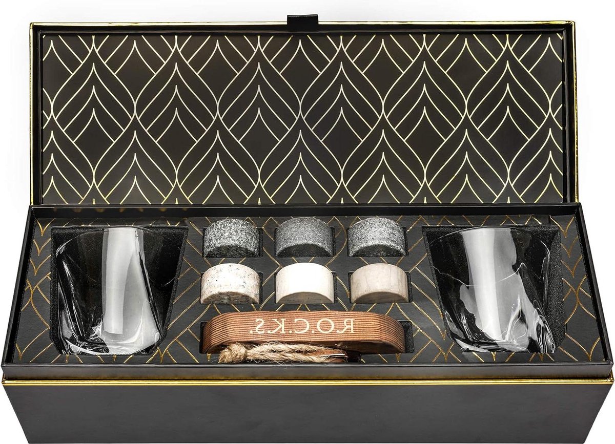 Chilling Stones Gift Set - Premium Graniet Nipping Rocks - Crystal Glazen - Hardhout Presentatie & Opslag Tray - Elegante Gouden Folie Gift Box van R.O.C.K.S.
