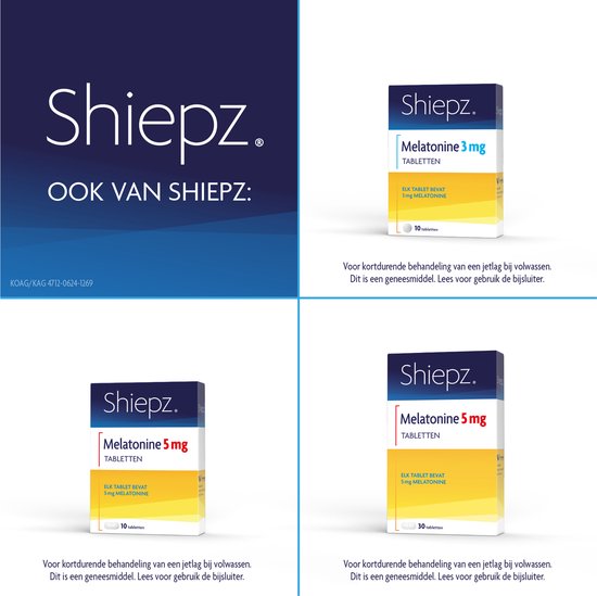Vier afbeeldingen van Shiepz producten, waaronder melatonine 3mg en 5mg.