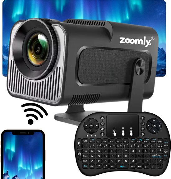 Zoomly® Pro MAX Beamer - Projector - Mini Beamer - Full HD 1080p - Ondersteund 4k - Home Cinema - Sinterklaas - kerstcadeau - Android 11.0 - WiFi 6 & Bluetooth 5.2 - 9000 Lumen - Zwart