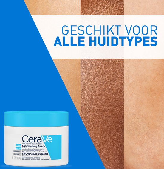 CeraVe SA gladmakende crème, geschikt voor alle huidtypen, getoond tegen huidtexturen.