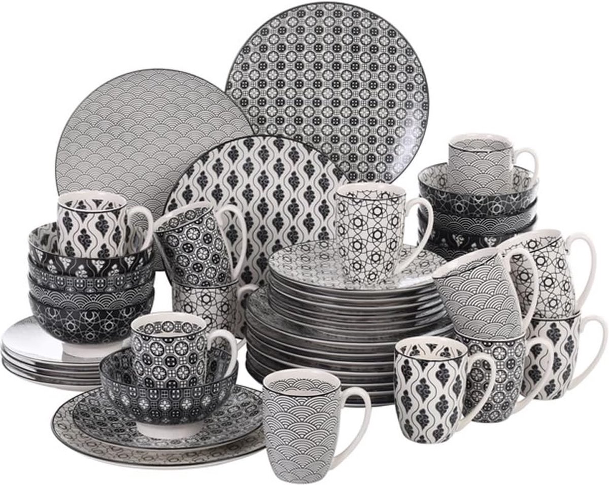 Luxe Serviesset – 48 delig – 12 persoons – Porselein - Bordenset – Dinner platen – Dessertborden - Kommen - Schaaltjes - Wit - Zwart