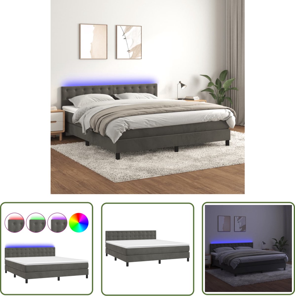 The Living Store Boxspring Bed - Fluweel - LED - Pocketvering - Huidvriendelijk - Donkergrijs - 203x160x78/88 cm