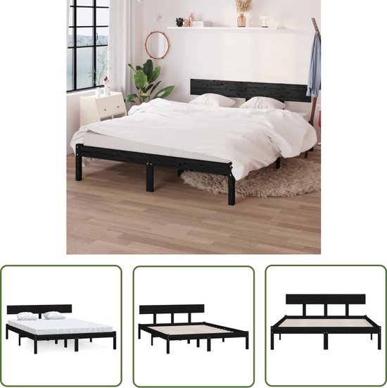 The Living Store Cadre de lit - Bois de pin Massief - 196,5 x 125,5 x 70 cm - Zwart - Matelas 120x190 cm