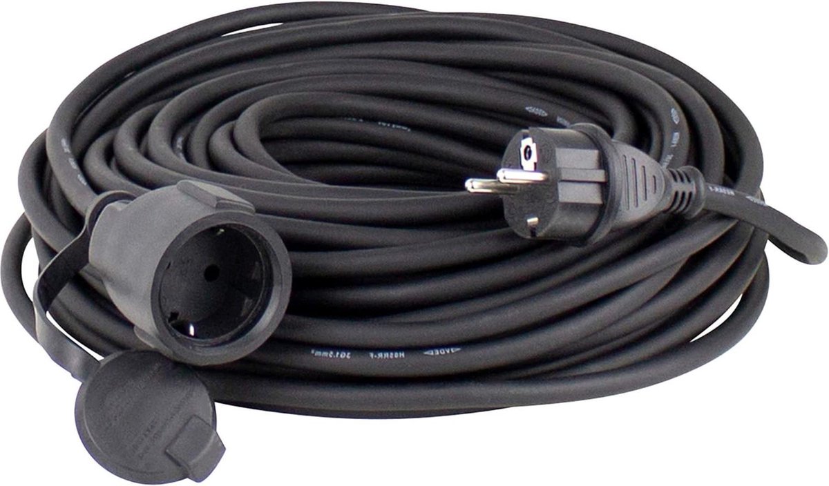 Verlengsnoer 15m H05RR-F 3G15 Kabel mit Schutzkontaktstecker Schutzkontaktkupplung inkl. Schutzkappe Verlängerungskabel 230V 16A IP44 Schwarz 60315