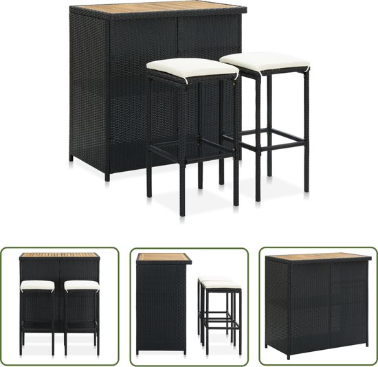 The Living Store Ensemble de bar - Rotin PE - acier et bois d'acacia massif - Zwart - 102 x 60 x 105 cm - Table de bar - 2 tabourets de bar