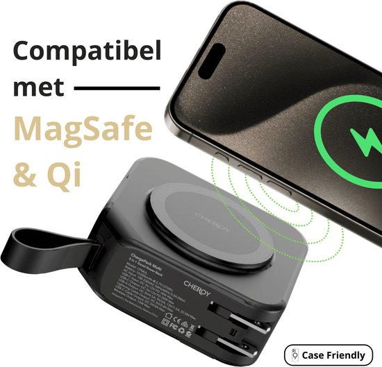 Zwarte Cheroy ChargePack Multi powerbank met draadloze MagSafe oplader en een smartphone.