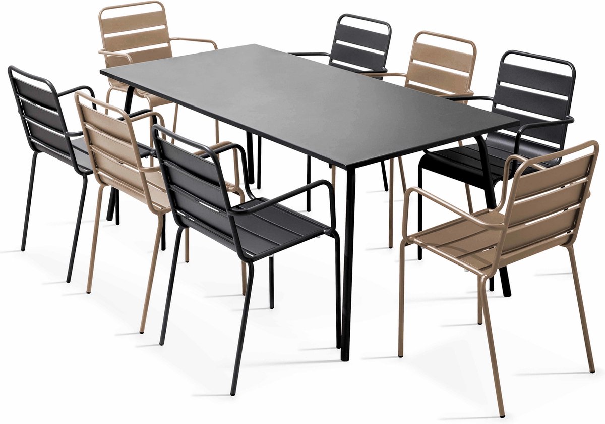 Oviala - Tuinset met tafel en 8 fauteuils in taupe en grijs metaal - Palavas