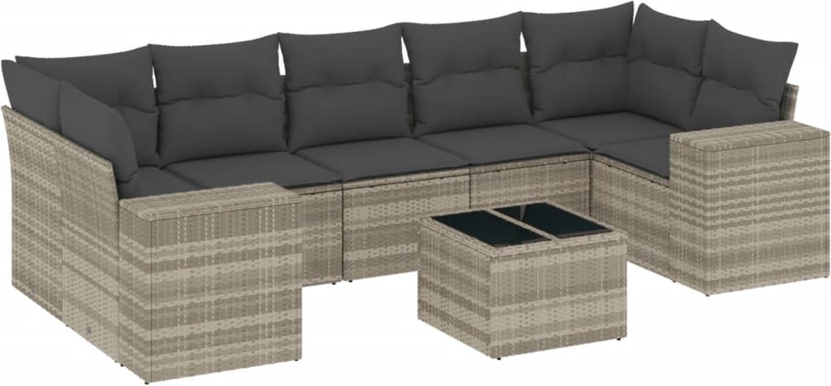 vidaXL 8-delige - Loungeset - met - kussens - poly - rattan - lichtgrijs