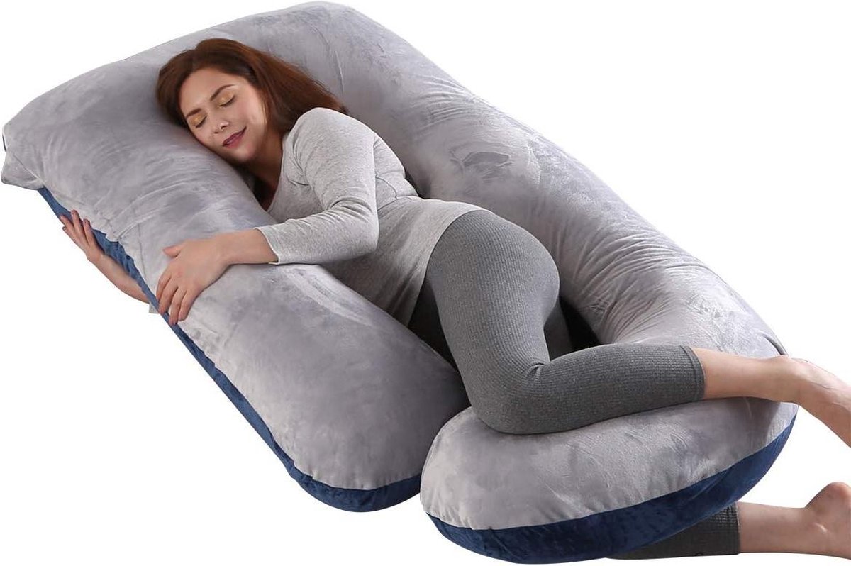 Image of 145 x 70 cm J-vormig full-body zwangerschapskussen - grijs en blauw fluweel met afneembare en wasbare overtrek - slapen en voeden Lichaamskussen