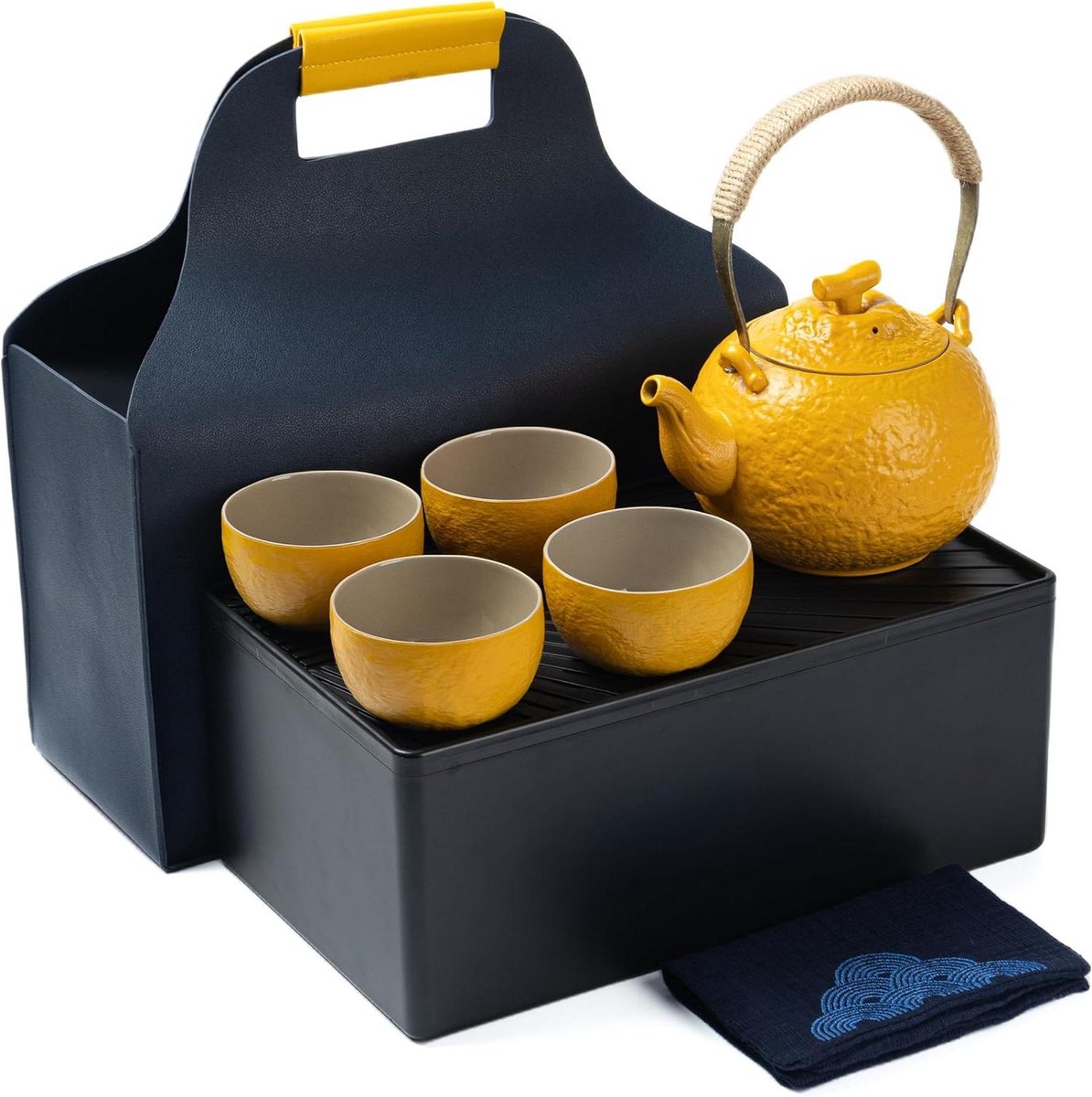 Japanse Theeset voor Vrouwen Oranje Reizen Draagbare Keramische Theeset 1 Theepot 700ml 25oz + 4 Theekopjes 110ml 4oz U4 Thee Dienblad Opbergdoos Mooie Japan Theeset