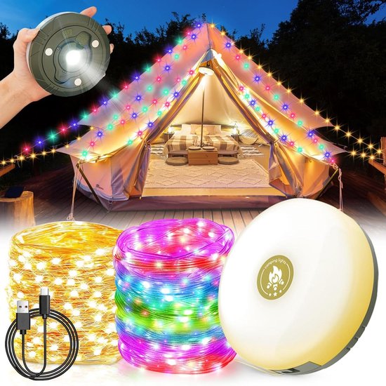 Lichtsnoer voor camping, oprolbaar, 10 m, oplaadbaar, USB, campinglamp, 2500 mAh, 9 verlichtingsmodi, waterdicht, IPX4, voor tent, tuin, wandelen, Kerstmis, decoratie voor binnen en buiten