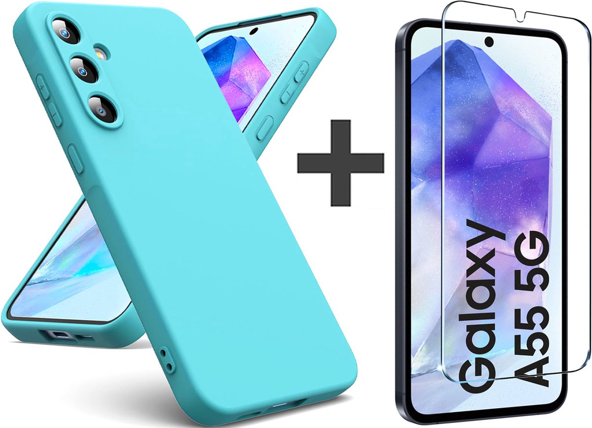 BixB hoesje met screenprotector van gehard glas Geschikt voor Samsung Galaxy A55 hoesje zacht siliconen backcover - Licht Blauw