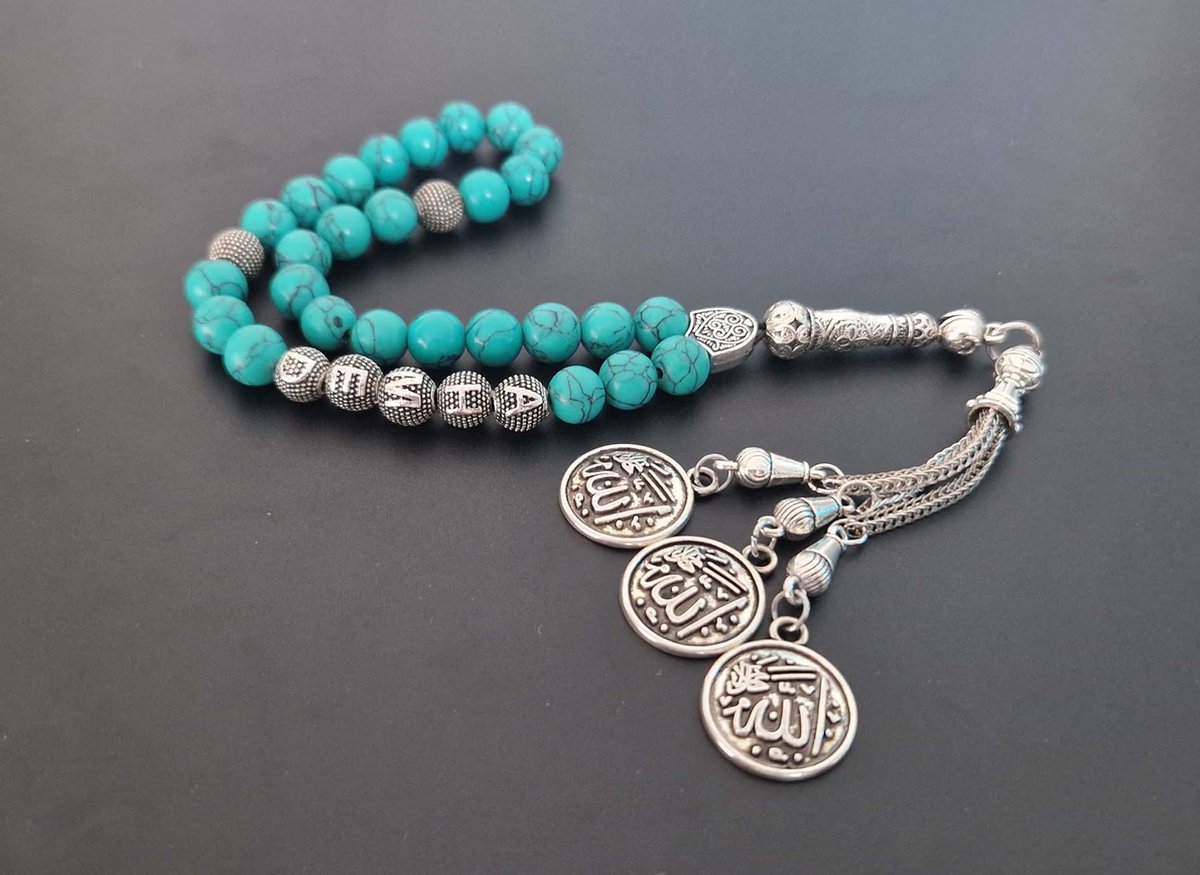 Handgemaakte naam tasbih 33 Kralen Natuursteen “Howliet groen ” - met metaal tassel “Allah jala jalaluh"- Met je naam of de naam van uw geliefde- 8 mm diameter van de korrel