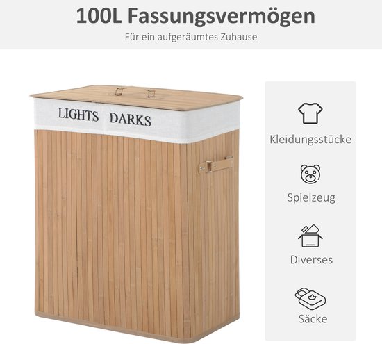 HOMCOM Panier à linge en bambou avec cloison 100L 52 x 32 x 63cm