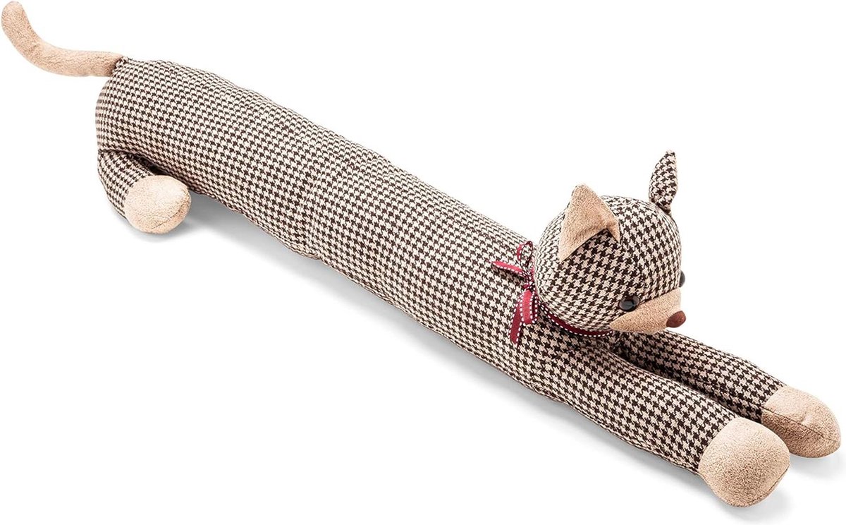Tochtstopper kattenvorm diameter 17 cm lengte 80 cm - polyesterweefsel Pied de Poule beige/bruin