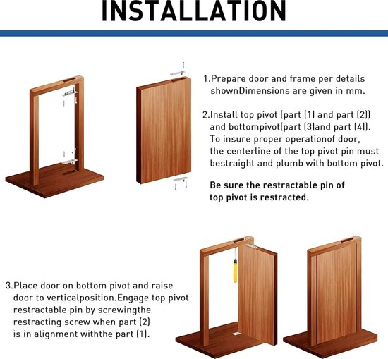 Charnières de porte Charnières robustes pour portes en bois Axe à 360 degrés Système de charnières en acier inoxydable (128*23*43mm et 100*23*43mm)