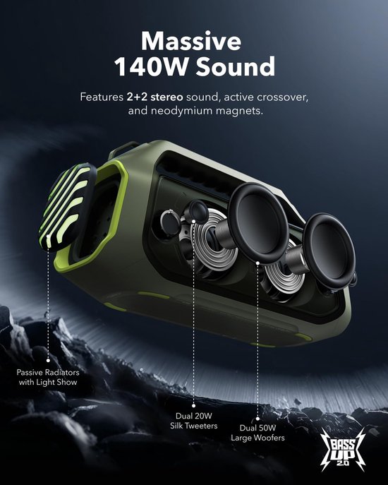 NEW soundcore Anker Boom 2 Plus Buitenluidspreker, bluetooth, 140 W, 2+2 kanalen, BassUp 2.0, 20 uur, snel opladen, IPX7-waterdicht, RGB-verlichting, USB-C, powerbank, voor kamperen, strand, tuin- Groen van Anker — afbeelding 2