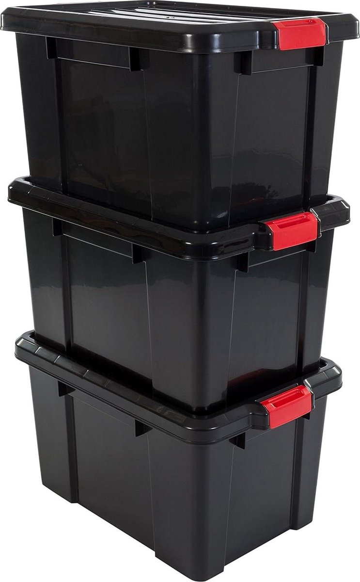 Opbergdozen met clipsluiting - 50L - Set van 3 - Stapelbaar - Nestbaar - BPA-vrij - Zwart