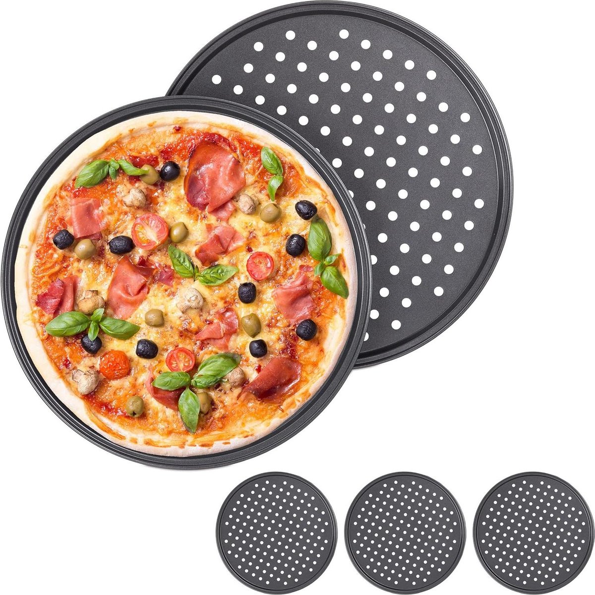 Pizzaplaat set van 5 met gaatjes Ø 295 cm voor pizza en flammkuchen - Oven bakplaat van staal in antraciet