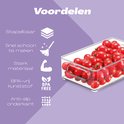 Transparante opbergbak gevuld met rode tomaten, met icoontjes voor stapelbaar, snel schoon te maken, sterk materiaal, BPA-vrij en anti-slip.