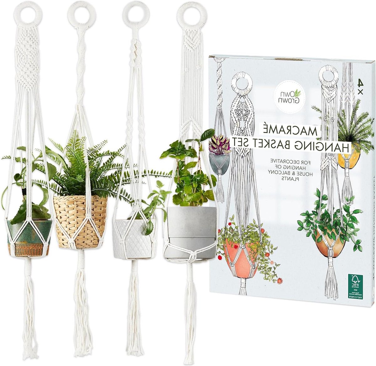 Plantenhanger set 4 x bloempot hanghanger 95 cm lang vintage en boho decoratie hangend macramé voor binnen hangende bloempot