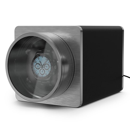 Klarstein Timesync Remontoir pour montre - Design Elegant - Cuir vegan - Verre trempé - Moteur Mabuchi silencieux - 5Tpd - Alimenté par batterie - Alimentation pour 1 montre automatique - Zwart argent