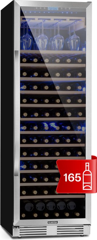 Klarstein Vinovilla Grande 165 - Built-In Uno Wijnkoelkast - 425 Liter - 165 Flessen - Glazen deur - Zilver