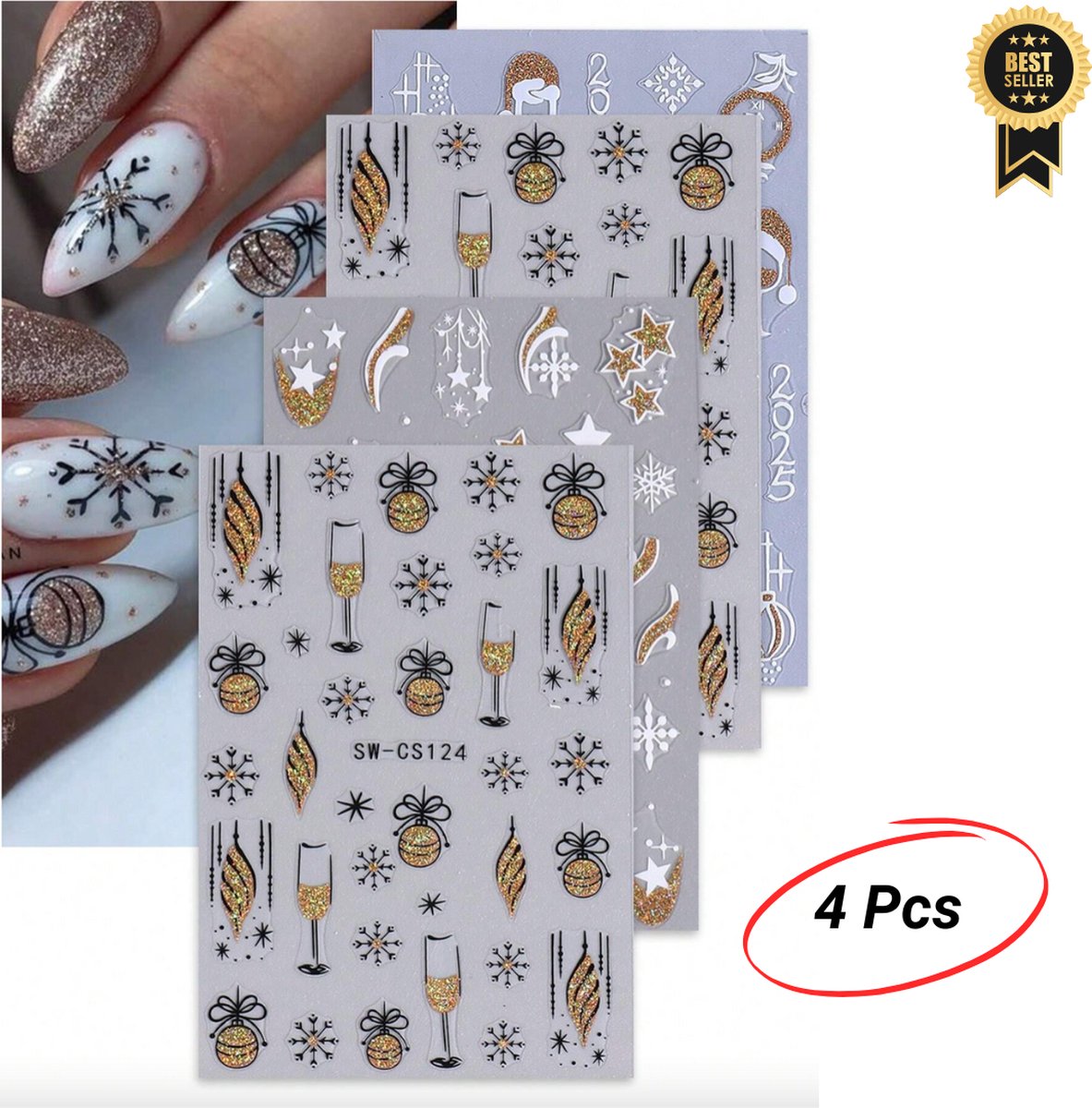 Goedkoopste GUAPÀ® Nagelstickers Kerst Glitters | Diverse Patroontjes Winter Feest Stickers Nagels | 3D Nagelstickers | 4 Vellentjes Nail Decals Kerst Feest Glitters