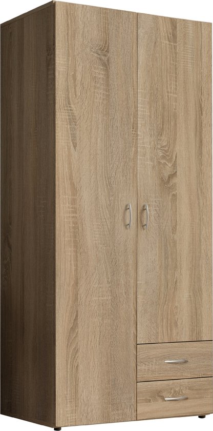 Kledingkast Baarlo - Draaideurkast - 81x176x51 cm (BxHxD) - Eiken - 1 Legplanken, 1 Roede & 2 Lades - Spaanplaat - Garderobekast - Opbergkast