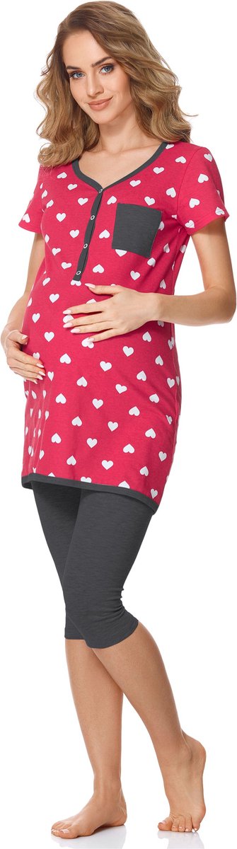 Bellivalini Dames Zwangerschapspyjama - Korte mouwen - Korte broek met borstvoedingsfunctie - Katoen - BLV-BLV50-126-PJ - Roze Harten/Grafiet - S
