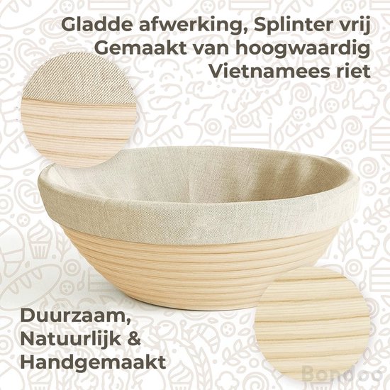Bondoo Rijsmandje Ø 23 cm - Broodbakken - Banneton - Rijsmandje Brood - Rijsmand Rond - Zuurdesem starter set - incl Deegkleed - Deegmesje - RVS Deegschraper - Plastic Deegschraper - Deegklopper - Borstel