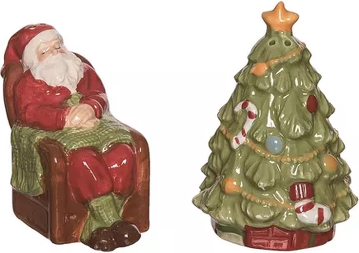 Transpac Christmas Classic Santa and Tree Dolomite Salt and Pepper Shakers Collectables - zout en peper stel - kerstmis - kerst decoratie - kerst cadeau - kerstman