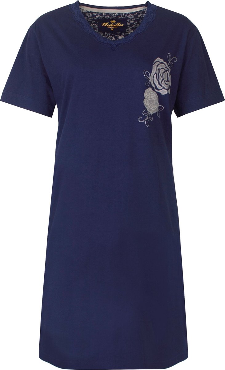 Medaillon Dames Nachthemd - Katoen - Korte Mouwen - Donker Blauw