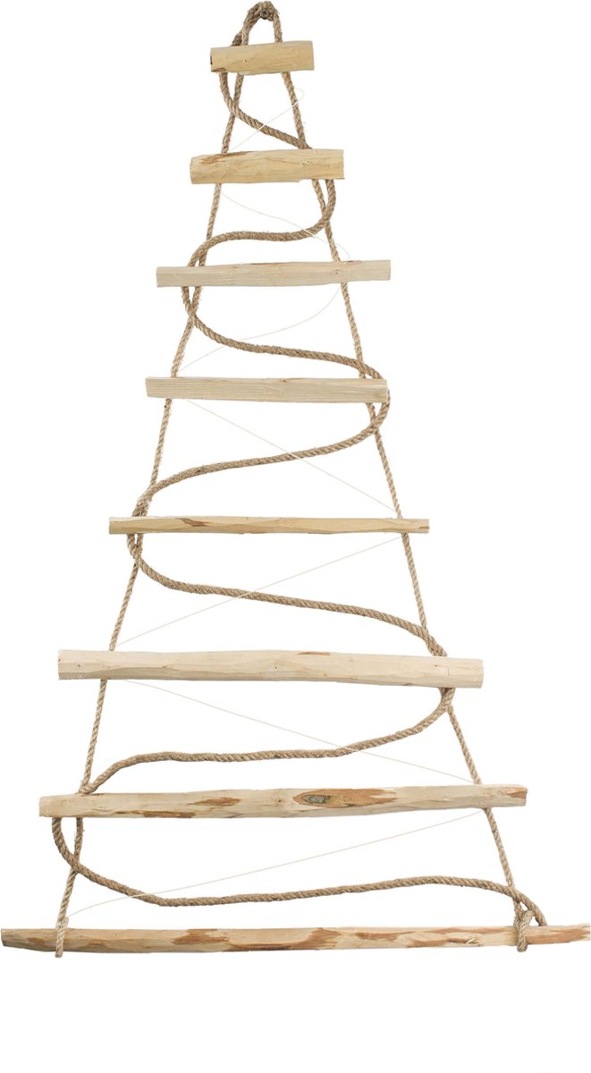 BOGATECO Handgemaakte kerstboom 95 cm hoog, gemaakt van hazelnoothout | Decoratieve hanger | met 200 cm LED-verlichting | Houten panelen verbonden met een jute touw met een dikte van 6 mm