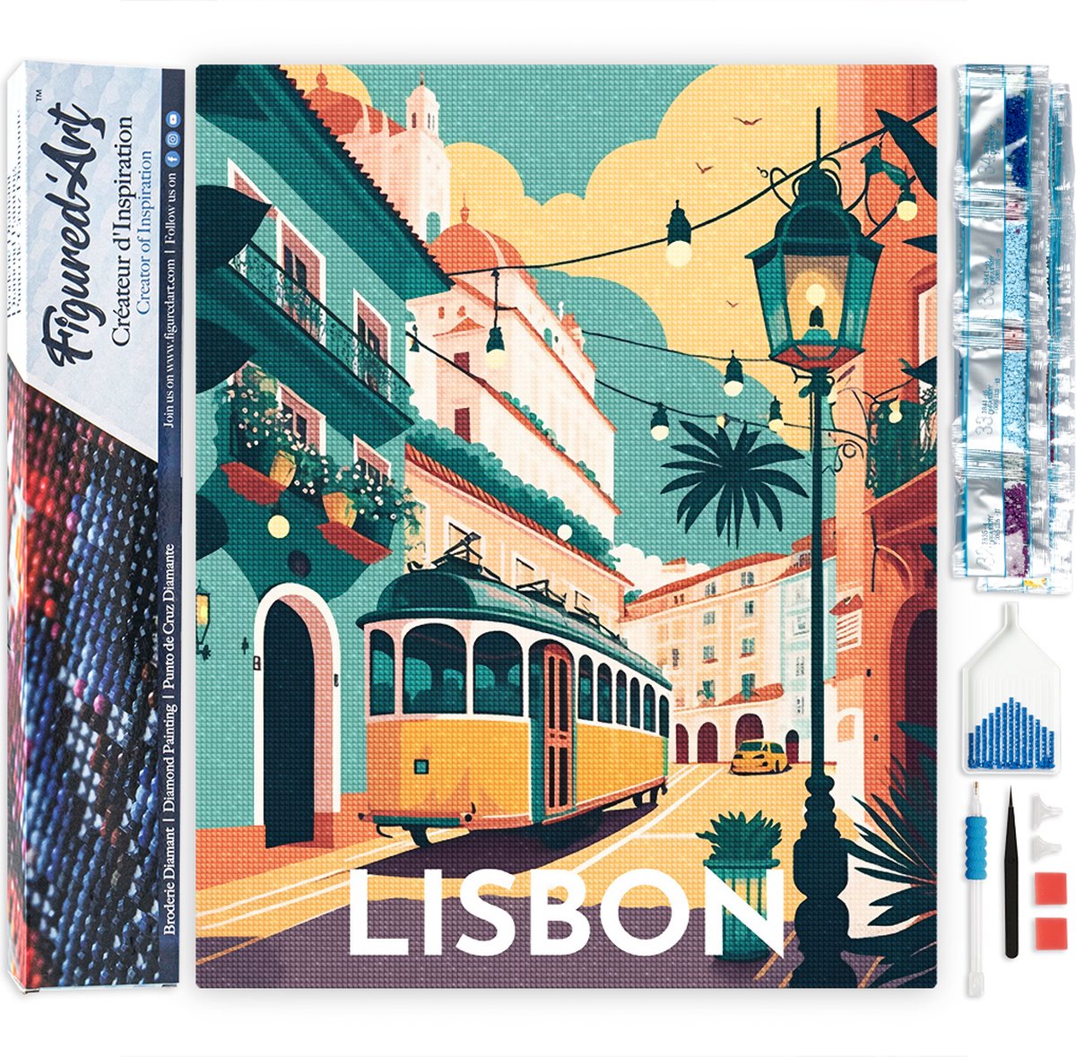 Figured'Art Diamond Painting set Volwassenen 40x50 cm Reisposter Lissabon - 5D DIY Art full drill vierkante diamant - Opgerold canvas