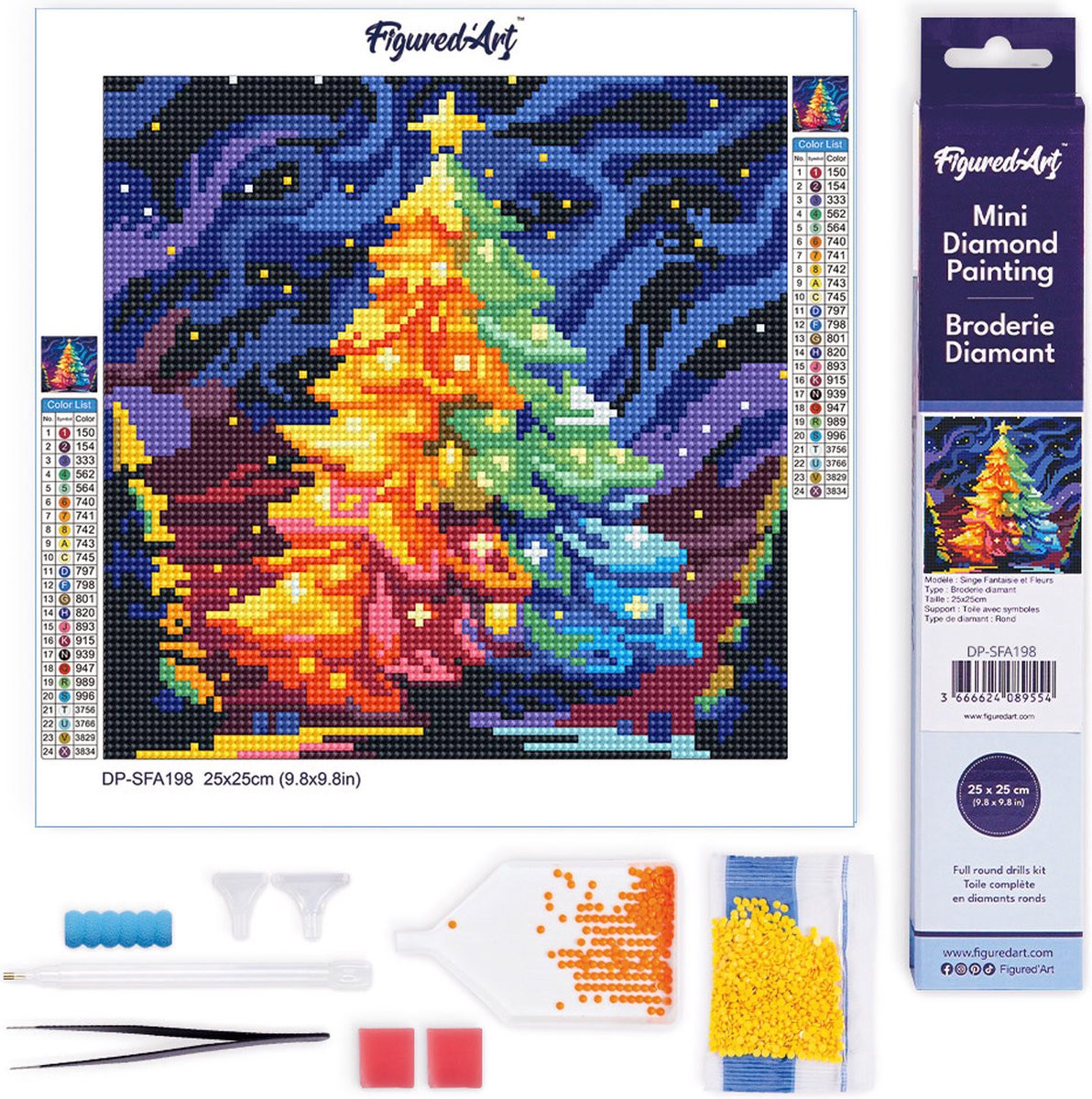 Figured'Art Mini Diamond Painting set Volwassenen 25x25 cm Kleurrijke Kerstboom - 5D DIY Art full drill ronde diamant - Opgerold canvas