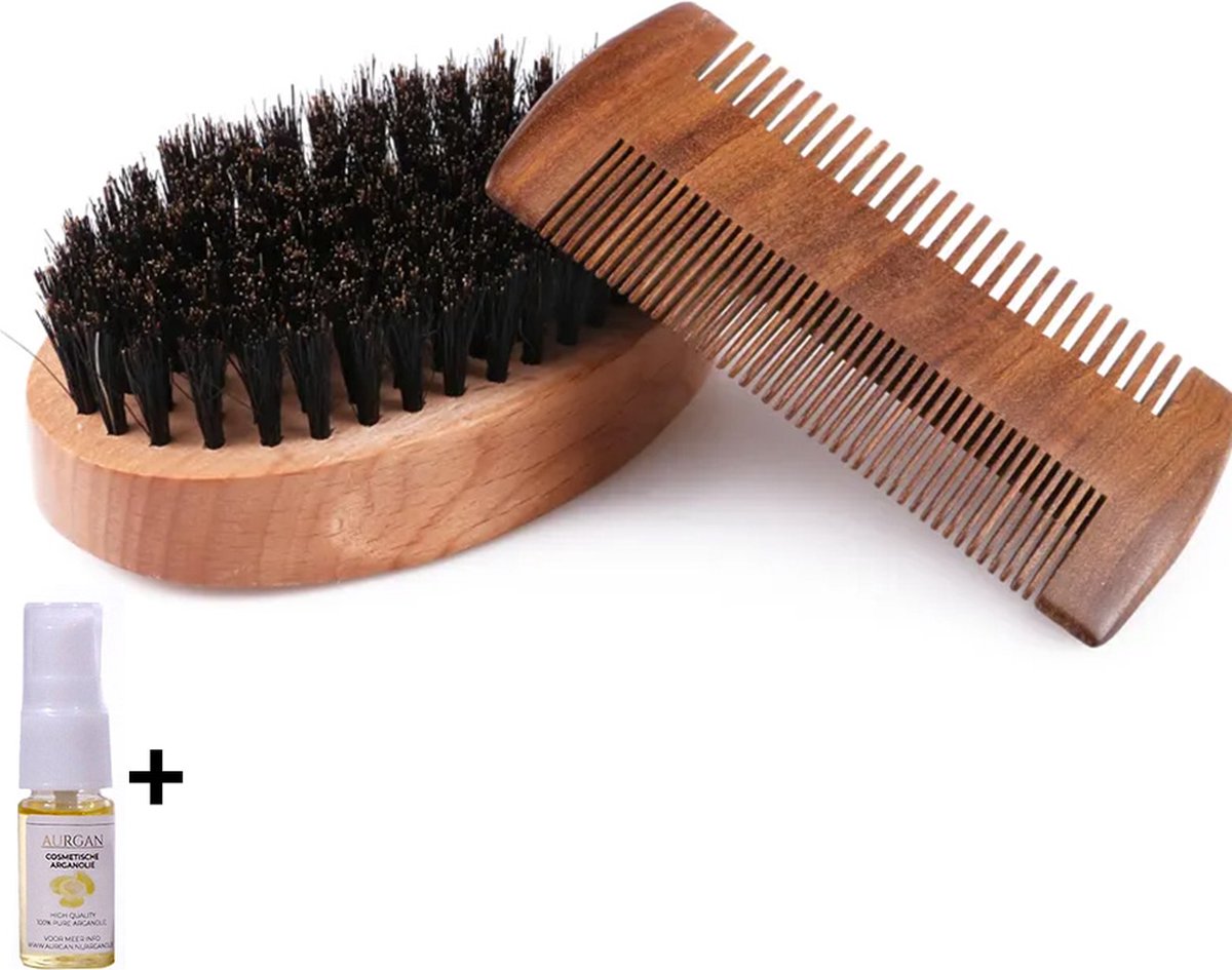 Aurgan Baardkam Set - Borstel & Kam - baardverzorging set - incl arganolie voor baard