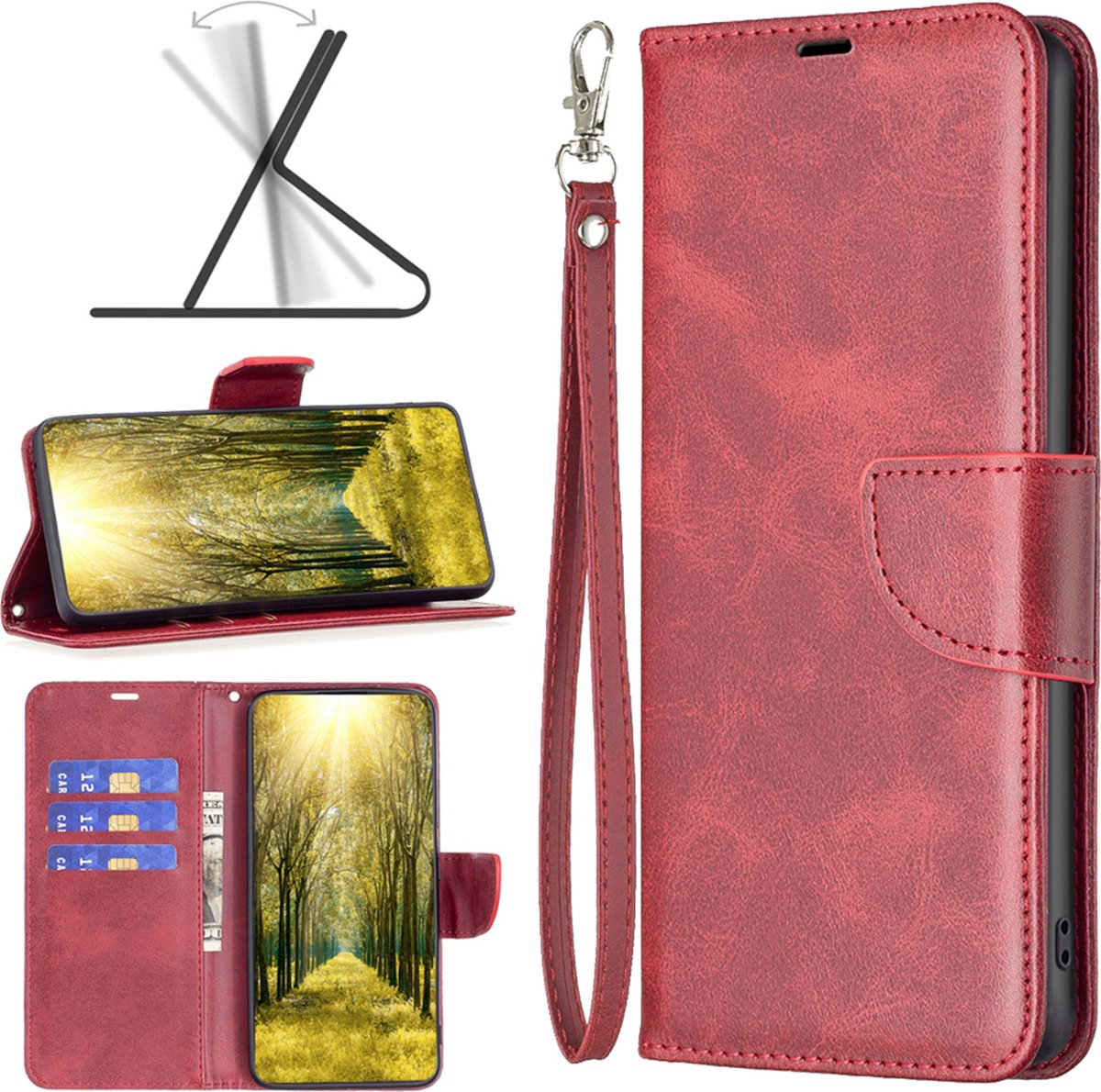 MobyDefend Hoesje - Geschikt voor iPhone 16 Plus - Wallet Book Case Met Koord - Rood