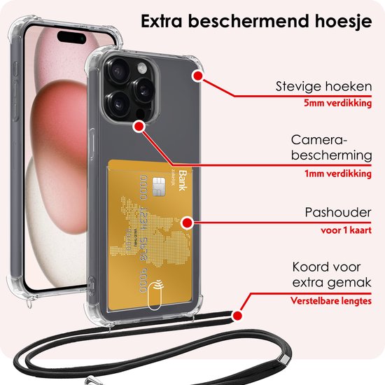 Coque adaptée pour iPhone 14 Pro Max avec porte-cartes et cordon résistant aux chocs, étui en Siliconen avec cordon de téléphone et porte-cartes - Transparent