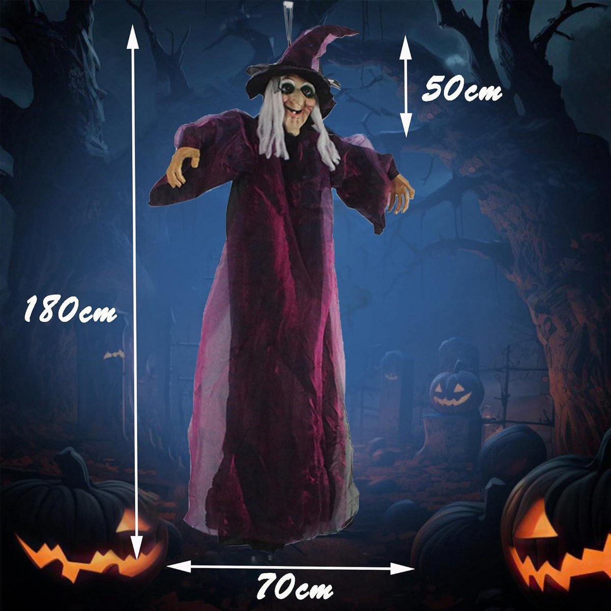 Décor d'Halloween Animatronics Sorcière Volante 70 Pouces Taille Réelle Suspendue avec Lumière et Son Effrayant pour Accessoires de Maison d'Halloween Intérieur Extérieur