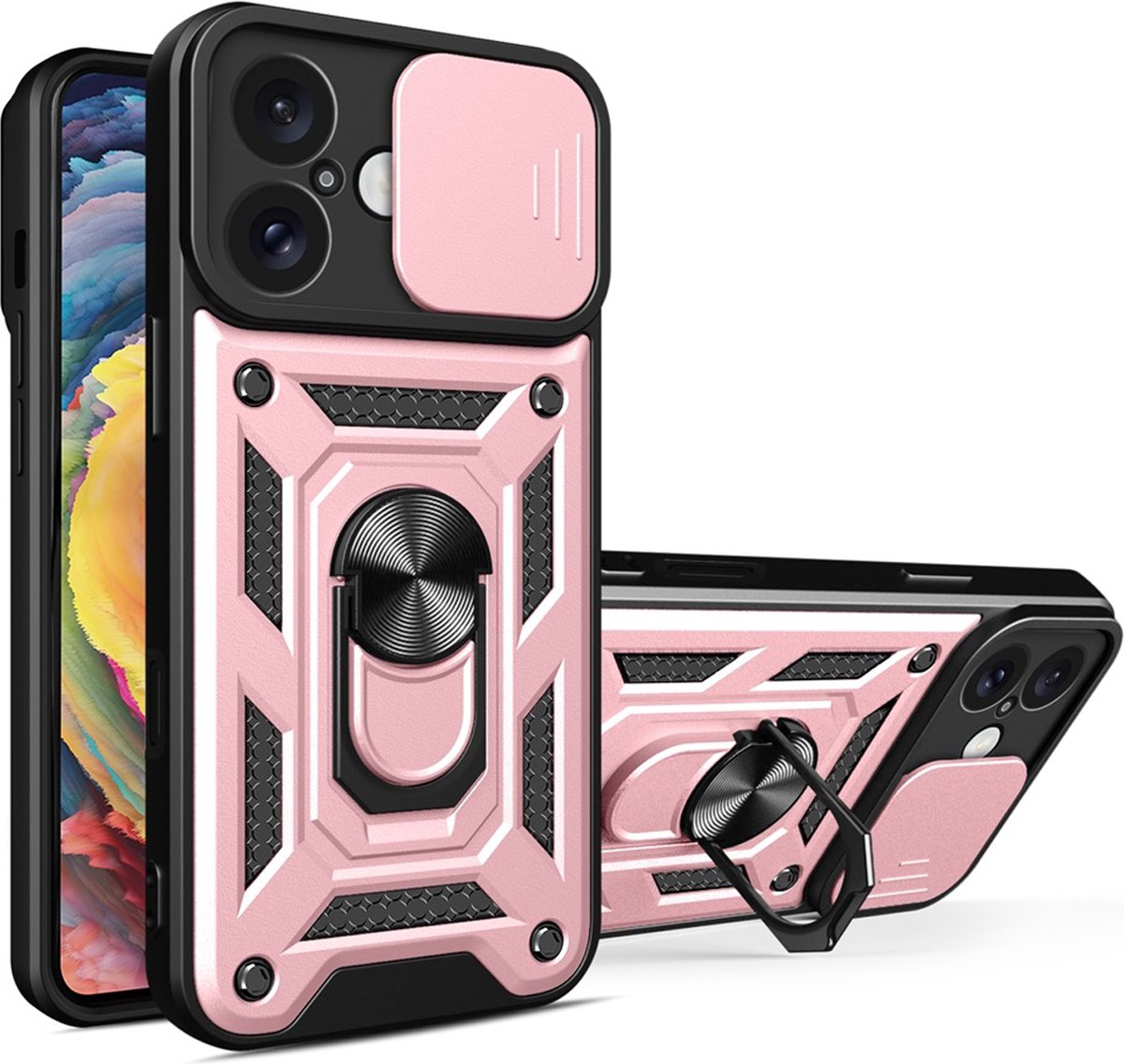 MobyDefend Hoesje - Geschikt voor iPhone 16 Plus - Pantsercase Met Draaibare Ring - Rosé