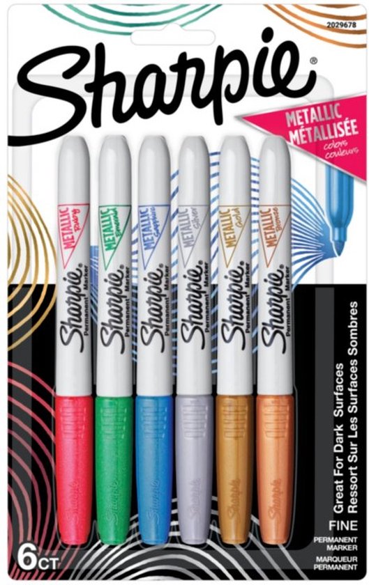 Verpakking van zes Sharpie metallic fineliners: rood, groen, blauw, zilver, goud en brons.