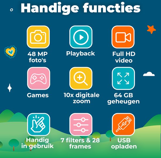 Denver Kindercamera Full HD met Printer - Selfie Camera - 48MP - Digitale Camera Kinderen - Foto en Video - Spelletjes - KPC1370 - Blauw