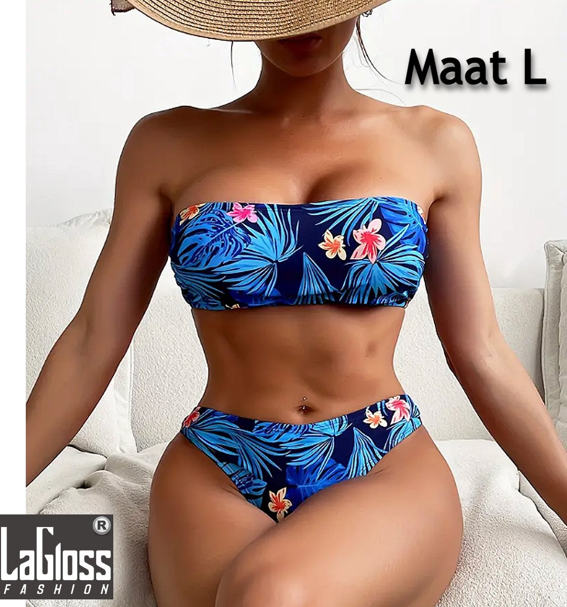 LaGloss® Blauwe Tropische Bloemen Bikini Set - Tweedelig - Strand - Maat L %%